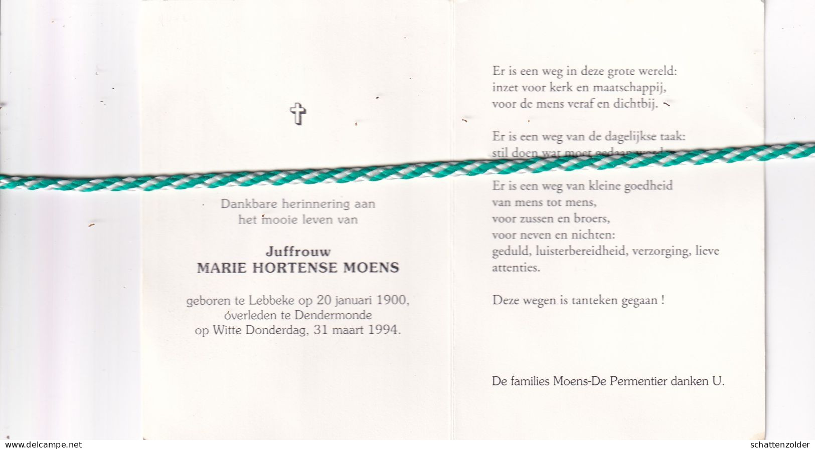 Marie Hortense Moens, Lebbeke 1900, Dendermonde 1994 - Obituary Notices