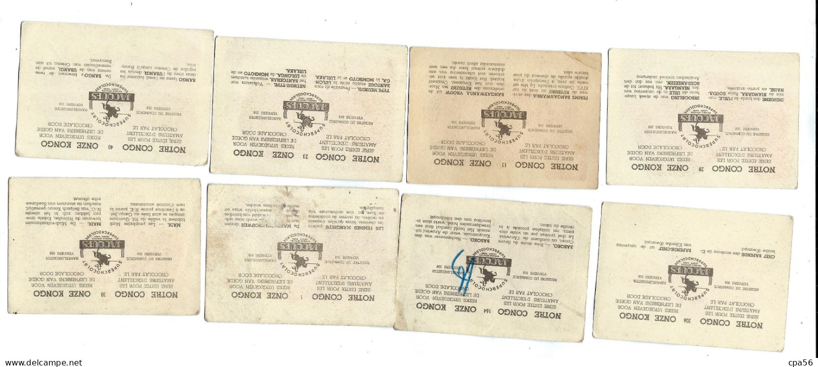 NOTRE CONGO - 65 Chromos Chocolat Jacques - voir scans pour les divers numéros - état et localisations