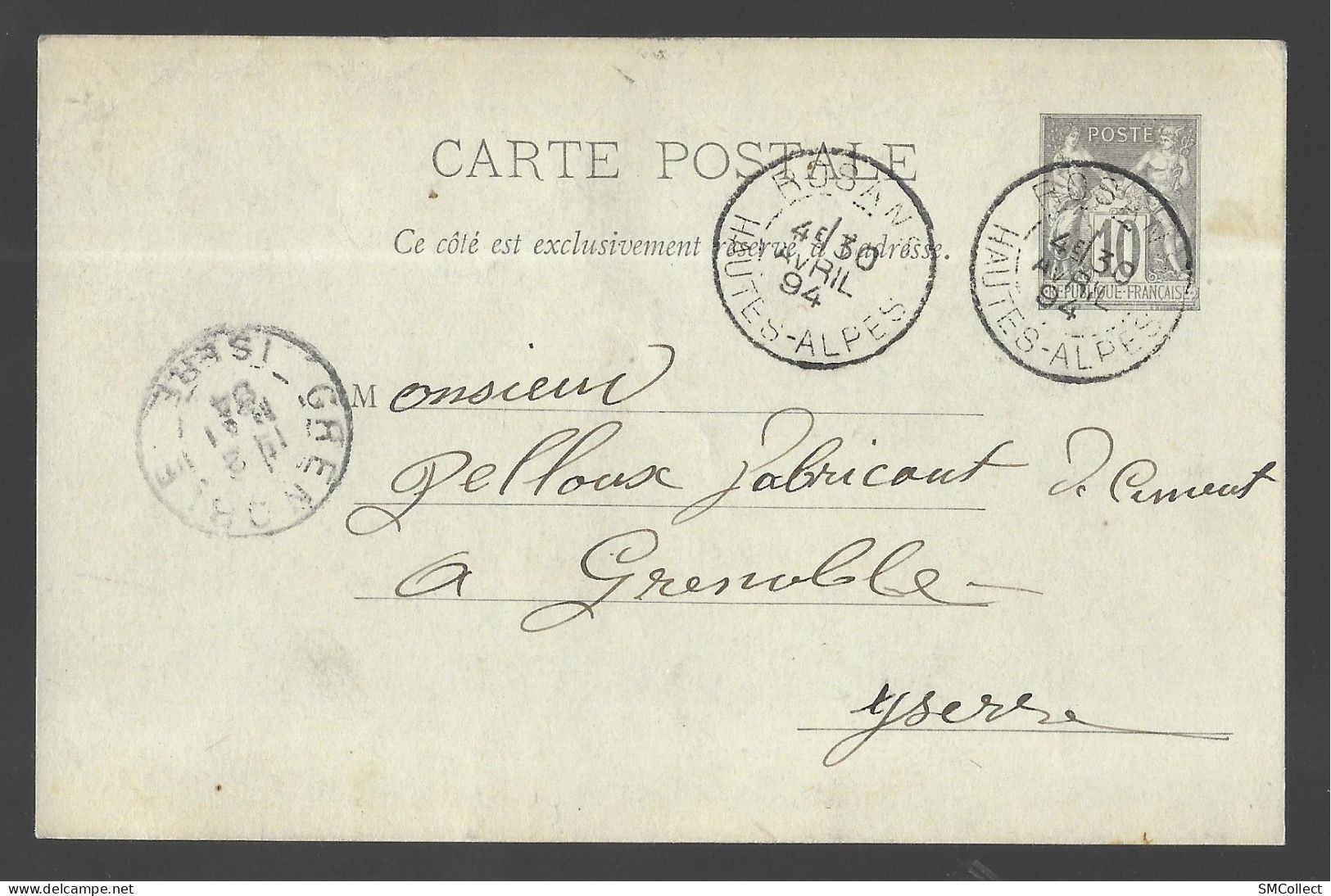 Entier Postal, Sage 10 Centimes Noir Voyagé En Avril 1894, De Rosans Vers Grenoble (13568) - Standaardpostkaarten En TSC (Voor 1995)