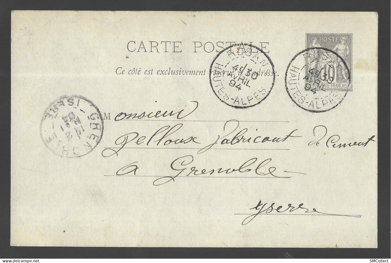 Entier Postal, Sage 10 Centimes Noir Voyagé En Avril 1894, De Rosans Vers Grenoble (13568) - Standard- Und TSC-AK (vor 1995)