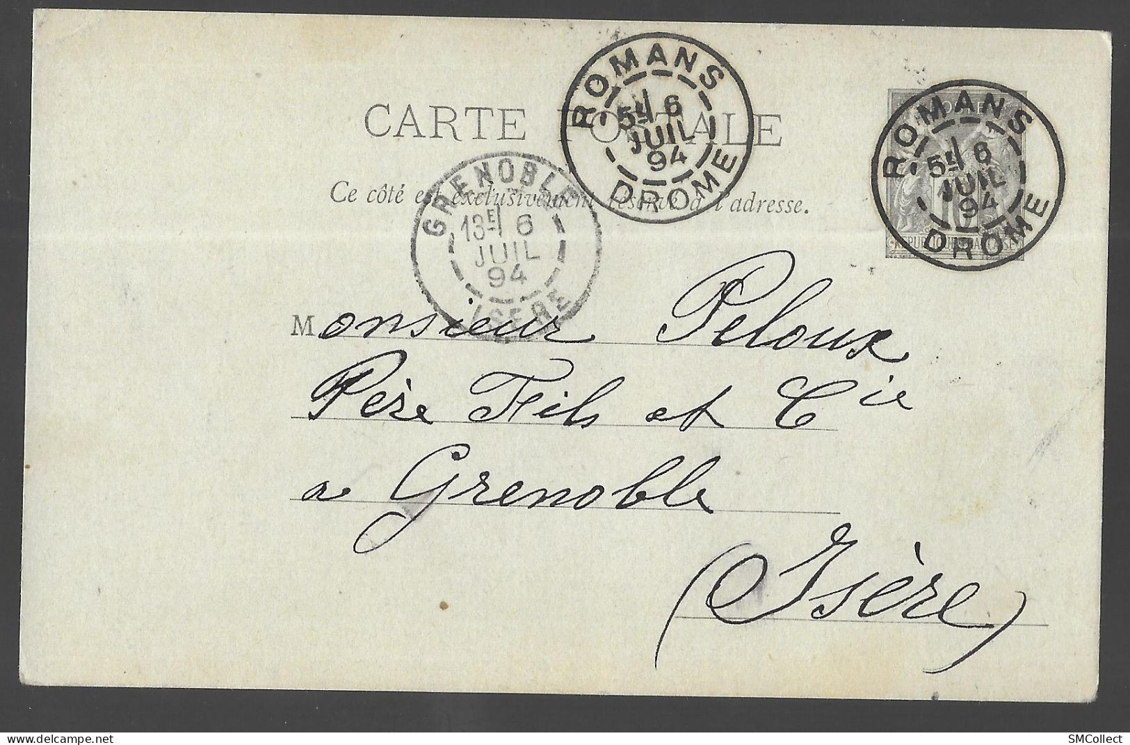 Entier Postal, Sage 10 Centimes Noir Voyagé En Juillet 1894, De Romans Vers Grenoble (13566) - Cartes Postales Types Et TSC (avant 1995)