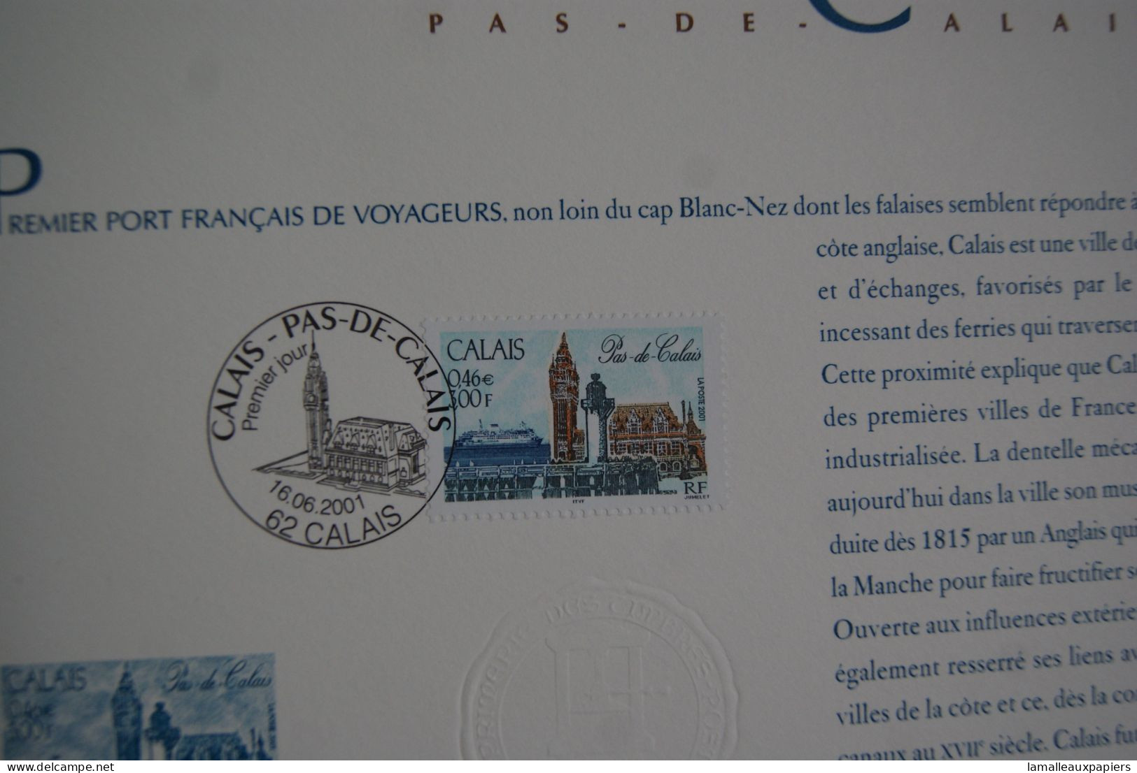 Calais : Collection Historique Du Timbre Poste Français (2001) 1e JOUR - Geography