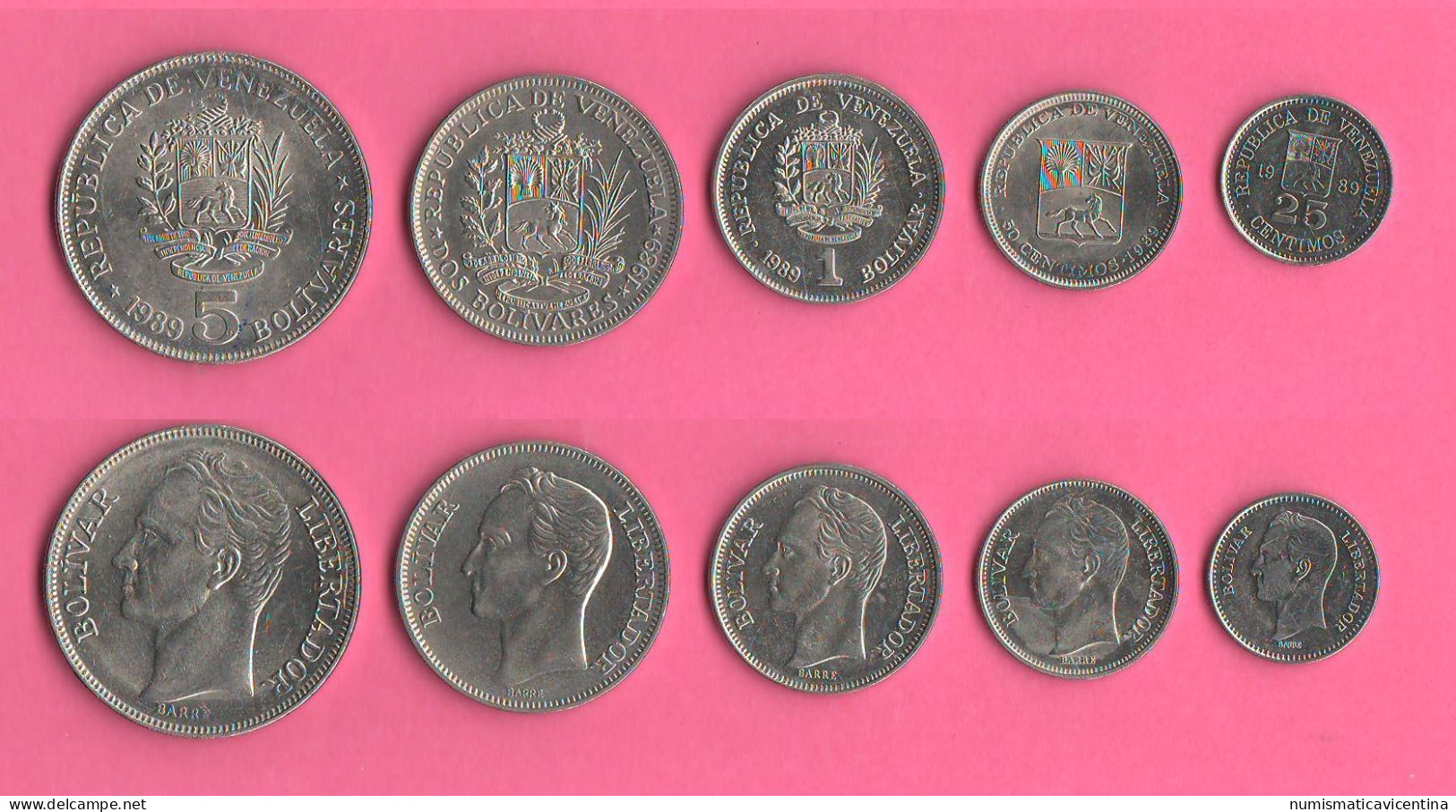 Venezuela 25 + 50 Centimos + 1 + 2 + 5 Bolivares 1989 South America Nickel / Steel Coins - Venezuela