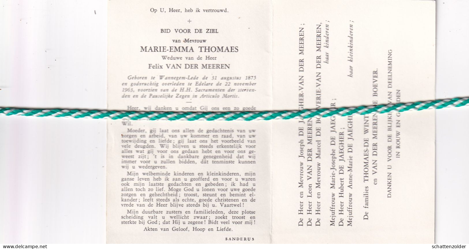 Marie Emma Thomaes-Van Der Meeren, Wannegem-Lede 1875, Edelare 1963 - Décès