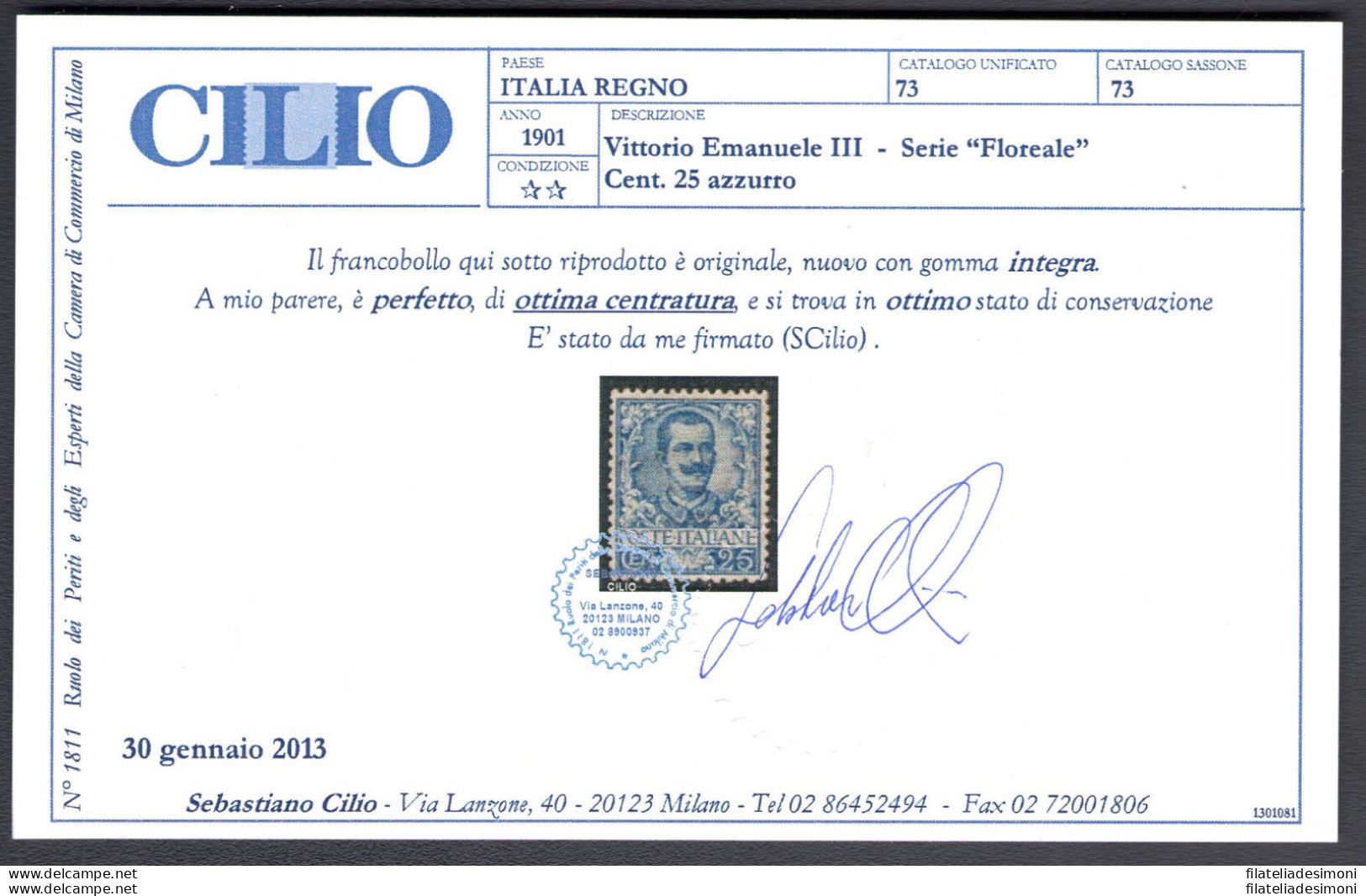 1901 Italia Regno , N. 73 , Tipo Floreale , 25 Cent Azzurro , Ottimamente Centrato , Siglato Alberto Diena - MNH** - Otros & Sin Clasificación