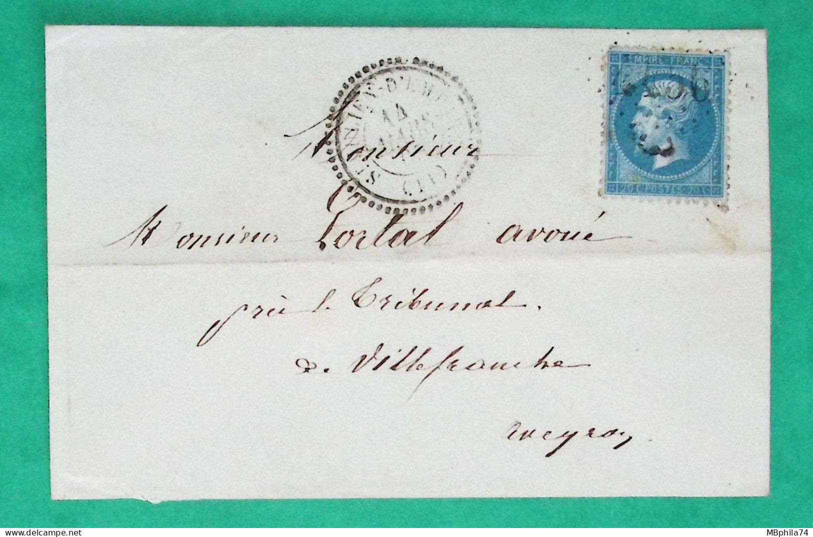 N°22 GC 4456 CAD TYPE 22 ST JULIEN D'EMPART AVEYRON BUREAU SUPPLEMENTAIRE POUR VILLEFRANCHE DE ROUERGUE 1865 FRANCE - 1849-1876: Klassik