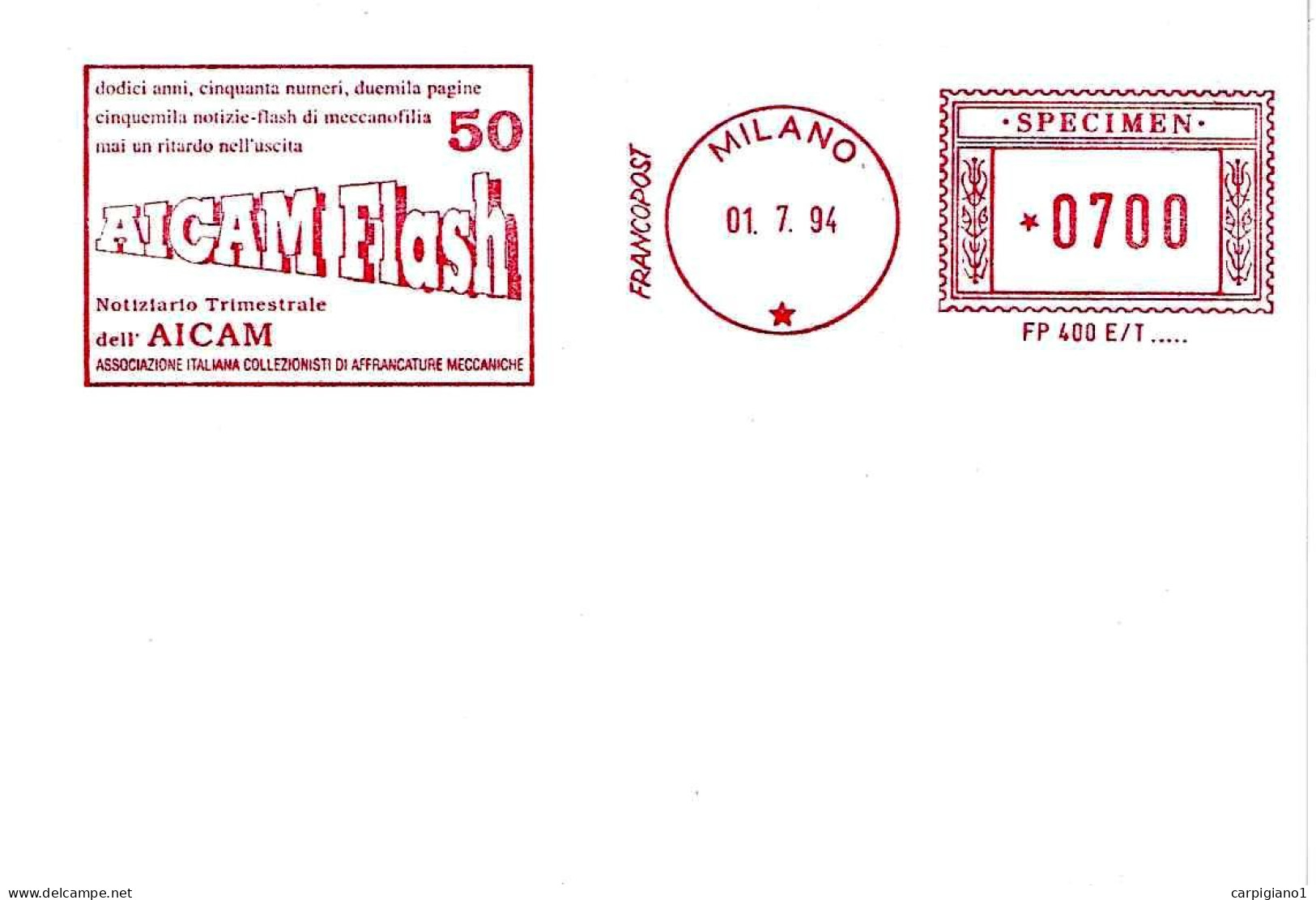 ITALIA - 1994 MILANO 50° Numero Aicam Flash Rivista Associazione - Affrancatura Mecc.rossa Red Meter Ema SPECIMEN - 3693 - 1991-00: Marcophilie