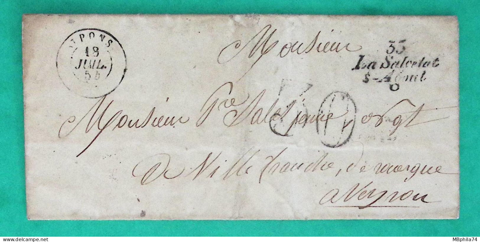 CURSIVE 33 LA SALVETAT SUR AGOUT HERAULT CAD TYPE 15 ST PONS POUR VILLEFRANCHE DE ROUERGUE AVEYRON TAXE 30 1854 FRANCE - 1849-1876: Classic Period