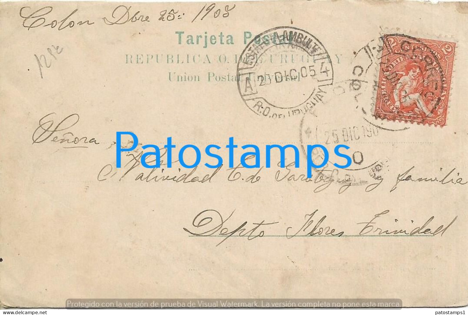 227763 URUGUAY MONTEVIDEO AVENIDA 18 DE JULIO TRAMWAY TRANVIA A CABALLO SPOTTED CIRCULATED TO DTO FLORES POSTAL POSTCARD - Uruguay