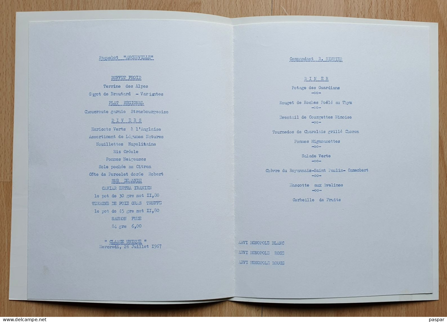 Menu Croisières Paquet Paquebot Ancerville - Juillet 1967 - Commandant R. Sintier - Menú