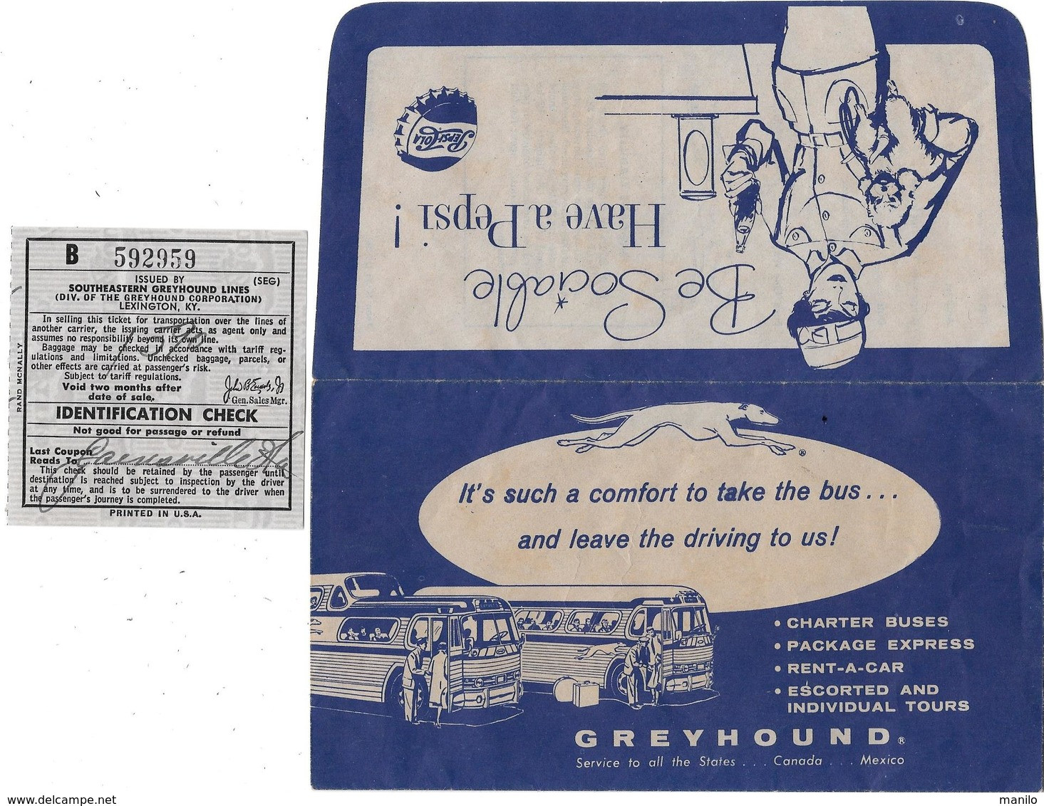 Pub Pepsi -Ticket Transport Dans Pochette Cie SOUTHEASTERN GREYHOUND LINE LEXINGTON-NEW ORLEANS 1958 Caniche Et Lévrier - Werbung