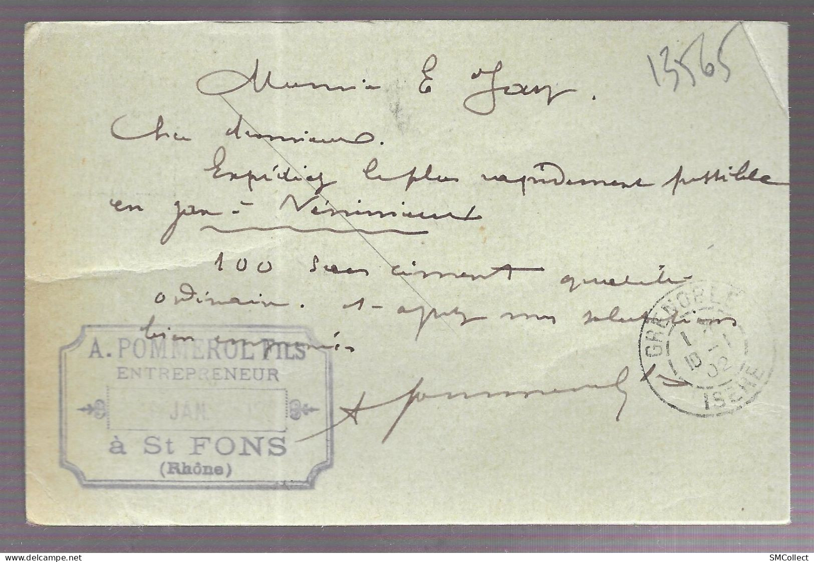 Cachet A. Pommerol Fils, Entrepreneur, Sur Entier Postal Sage 10 Centimes Noir Voyagé Janvier 1902 Vers Grenoble (13565) - Andere & Zonder Classificatie