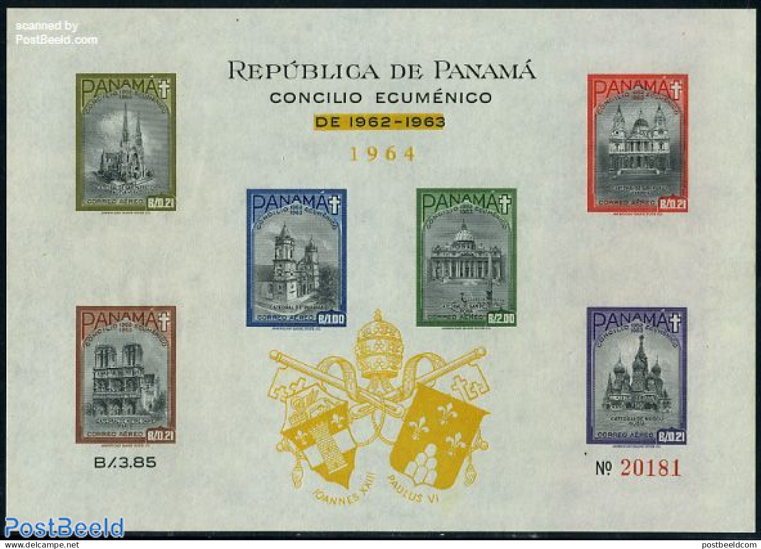 Panama 1964 Vatican Concile S/s, Overprint, Mint NH, History - Religion - Coat Of Arms - Churches, Temples, Mosques, S.. - Eglises Et Cathédrales