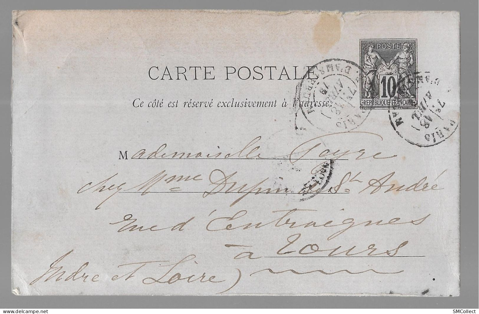 Entier Postal, Sage 10 Centimes Noir Voyagé En Avril 1879, De Paris Vers Tours (13560) - Cartes Postales Types Et TSC (avant 1995)