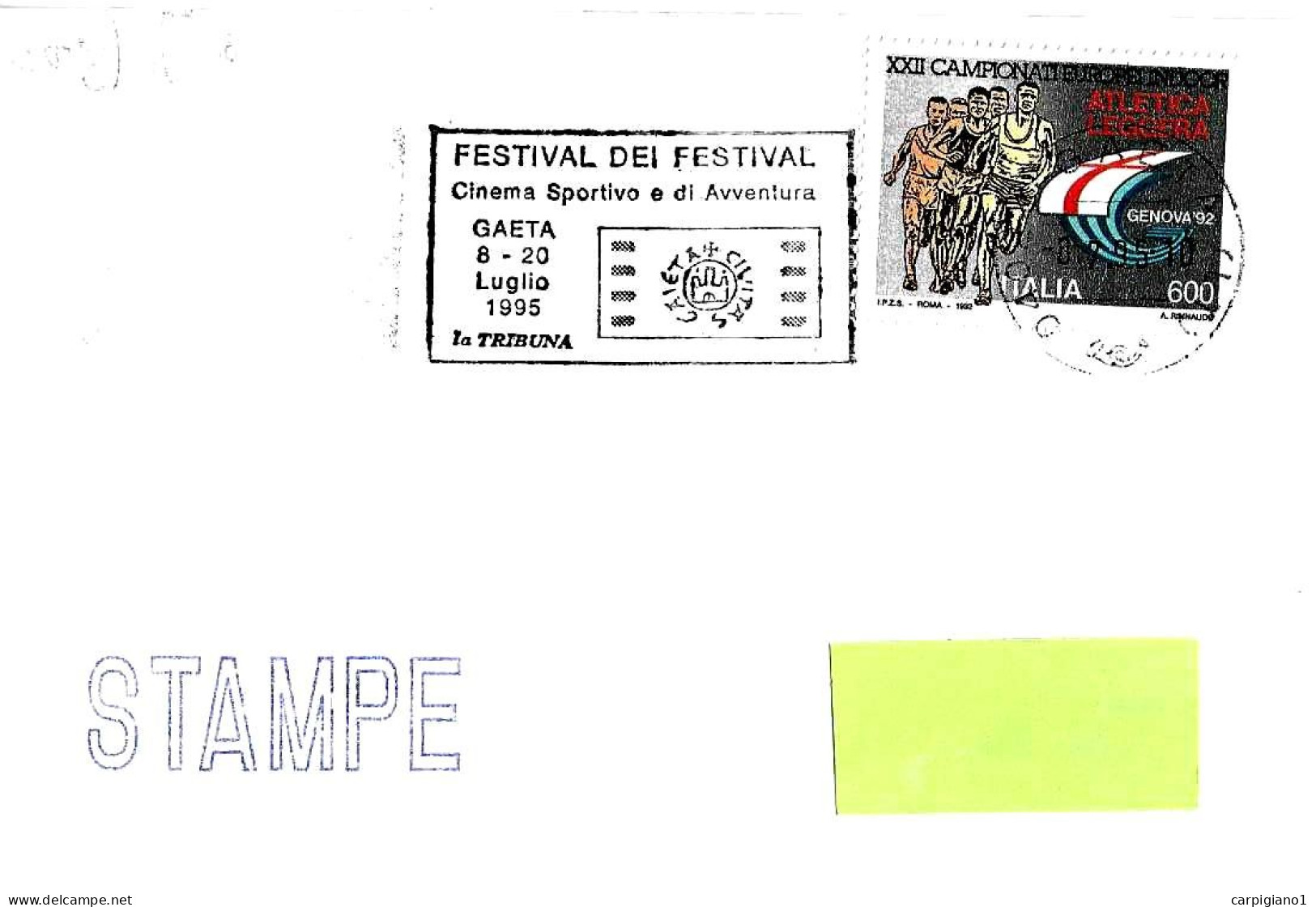 ITALIA ITALY - 1995 GAETA (LT) Festival Dei Festival Cinema Sportivo Avventura - Targhetta Su Busta Viaggiata -7775 - 1991-00: Storia Postale