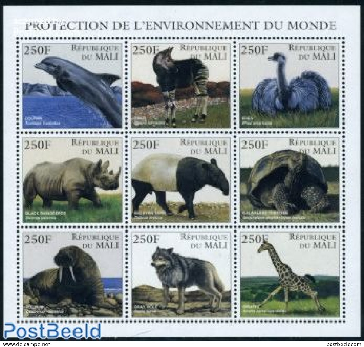 Mali 1997 Environment 9v M/s, Mint NH, Nature - Animals (others & Mixed) - Birds - Giraffe - Rhinoceros - Sea Mammals .. - Malí (1959-...)