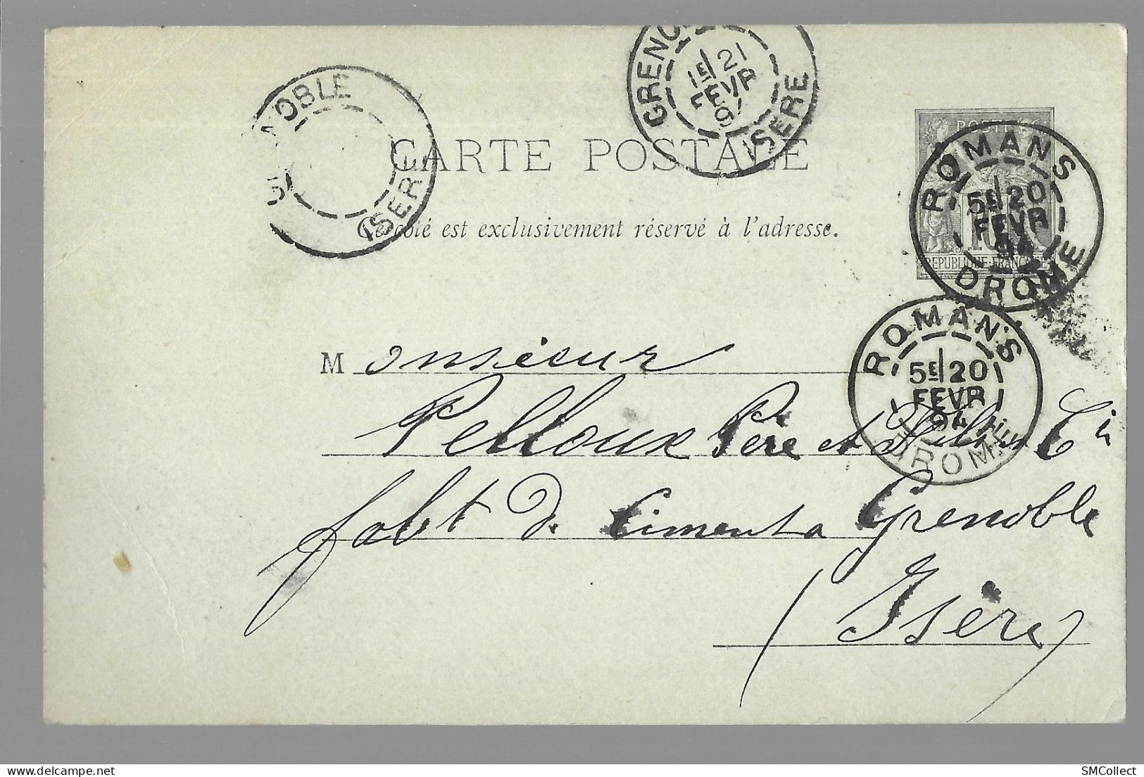 Entier Postal, Sage 10 Centimes Noir Voyagé En Février 1894, De Romans Vers Grenoble (13564) - Postales Tipos Y (antes De 1995)