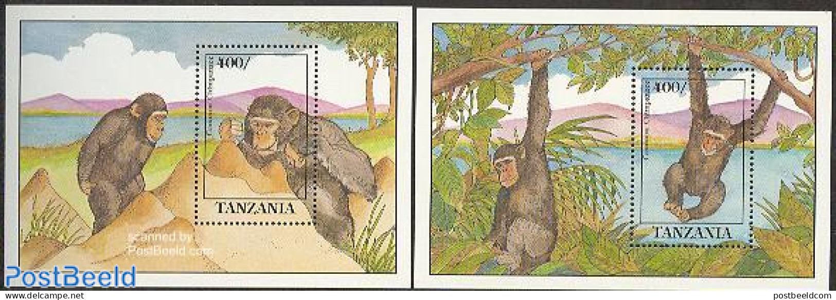Tanzania 1992 Chimpansees 2 S/s, Mint NH, Nature - Animals (others & Mixed) - Monkeys - Tansania (1964-...)