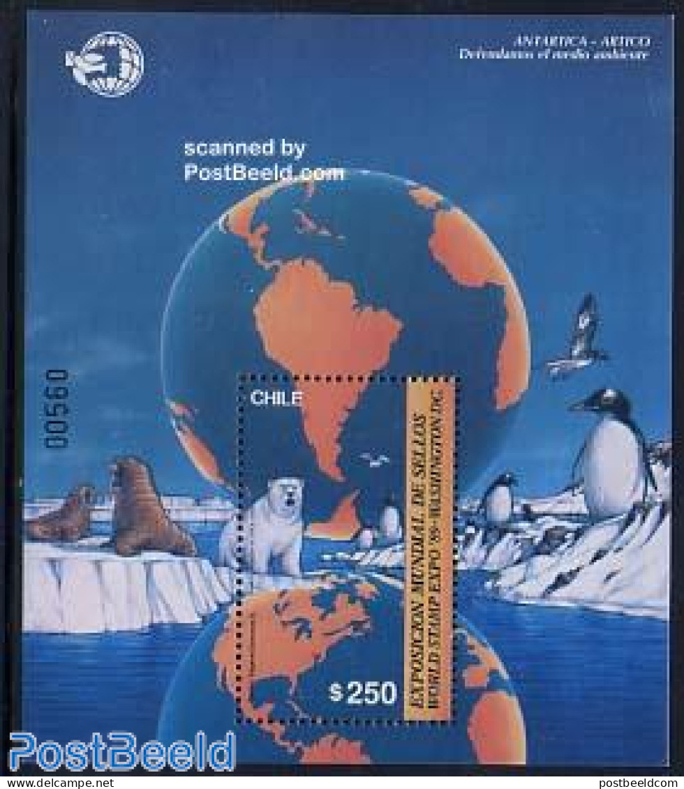 Chile 1989 World Stamp Expo S/s, Mint NH, Nature - Science - Bears - Sea Mammals - The Arctic & Antarctica - Chili