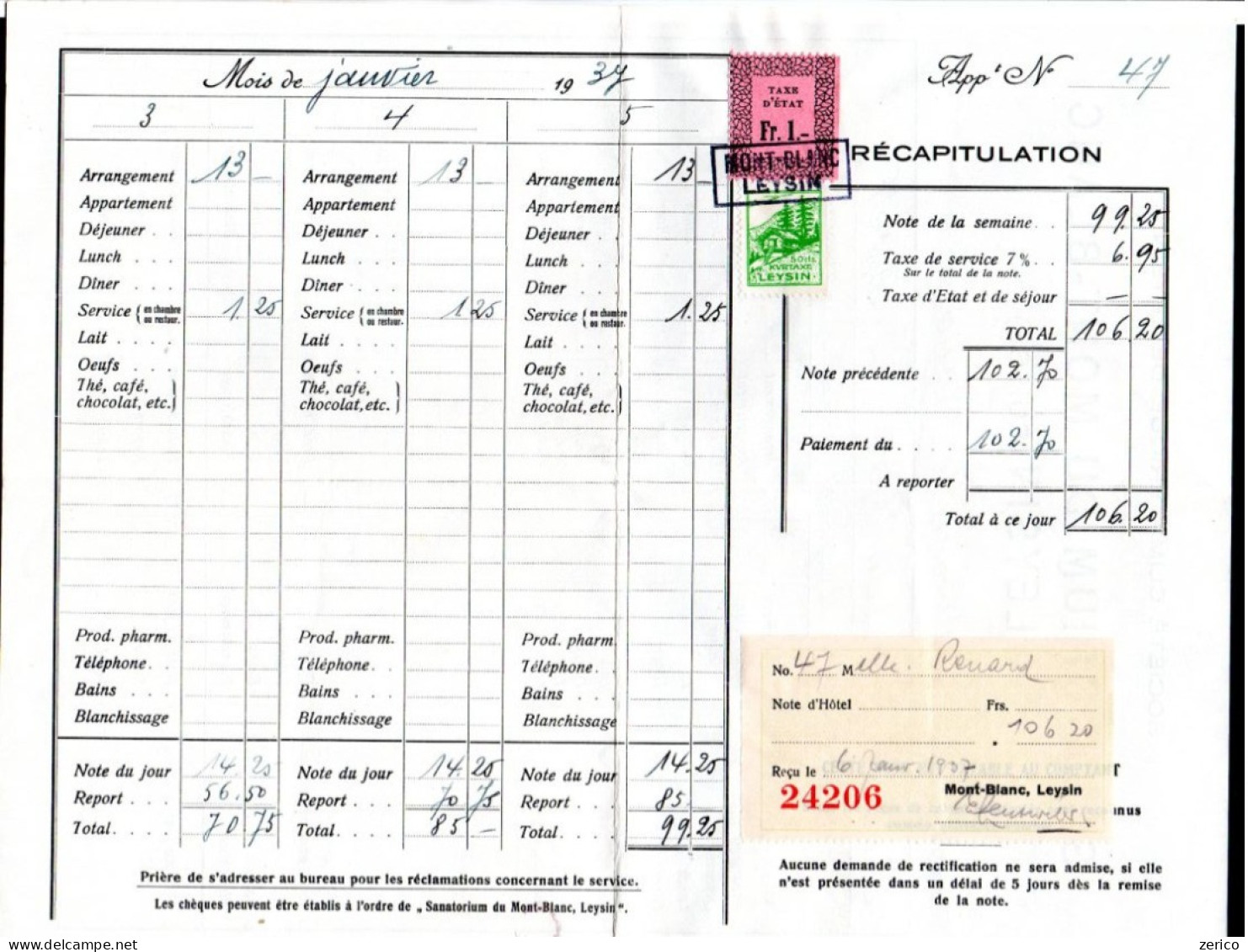LEYSIN Taxe De Séjour Sur Facture Du Sanatorium Du Mont-Blanc Kurtaxe - Revenue Stamps
