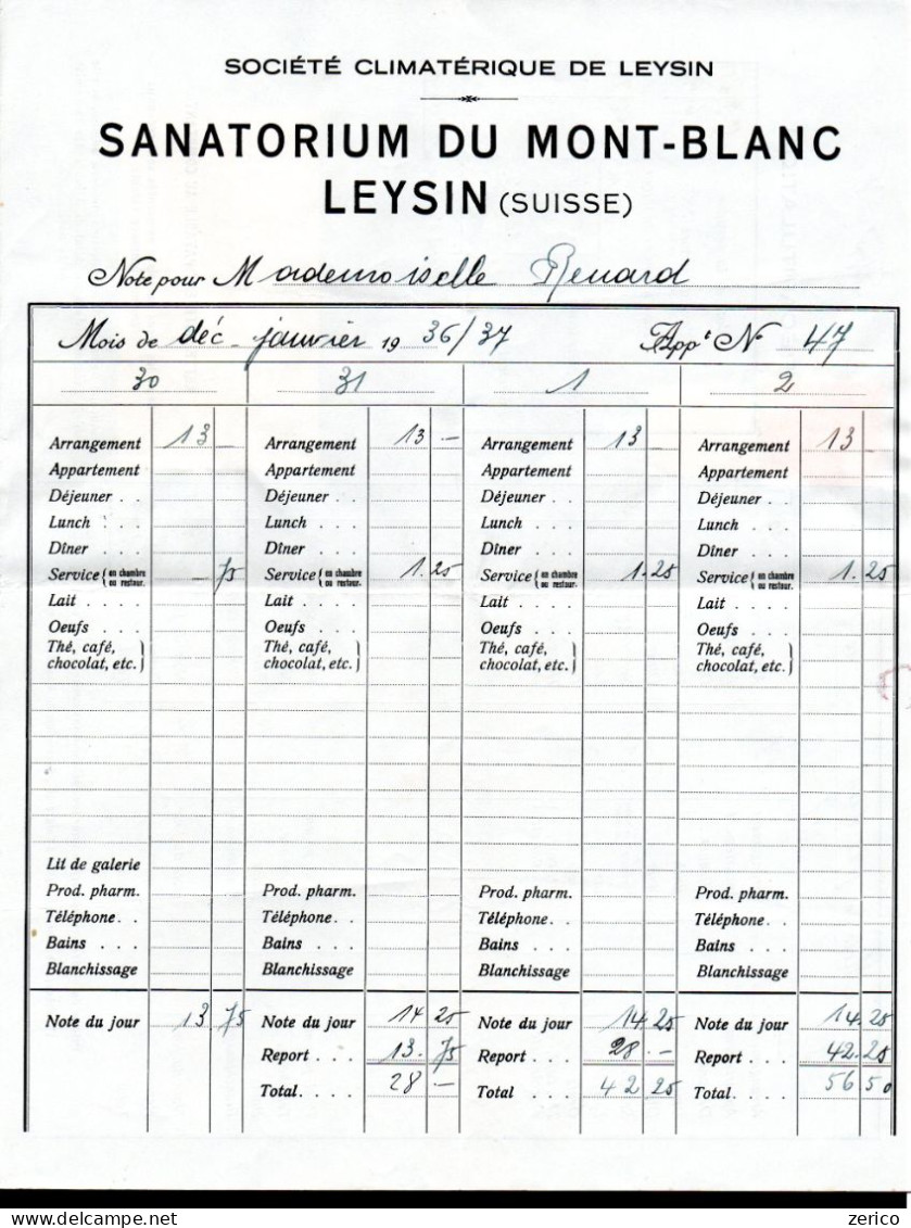 LEYSIN Taxe De Séjour Sur Facture Du Sanatorium Du Mont-Blanc Kurtaxe - Steuermarken