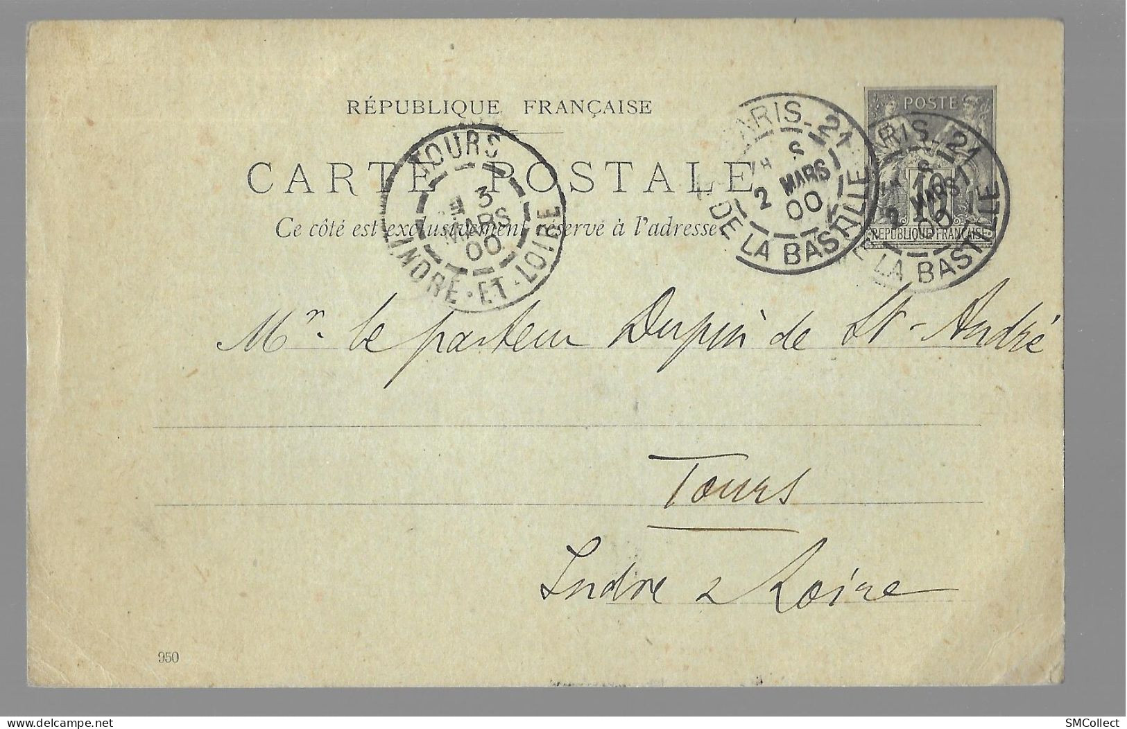 Entier Postal, Sage 10 Centimes Noir Voyagé En Mars 1900, De Paris Vers Tours (13563) - Cartes Postales Types Et TSC (avant 1995)