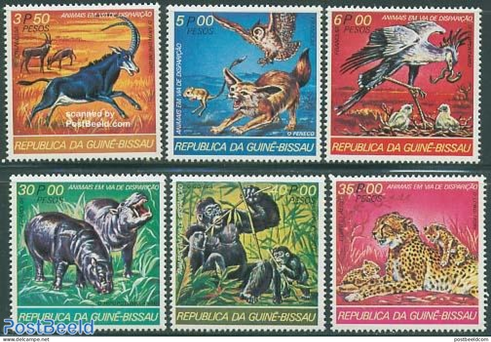 Guinea Bissau 1978 Endangered Animals 6v, Mint NH, Nature - Animals (others & Mixed) - Birds - Cat Family - Hippopotam.. - Guinea-Bissau