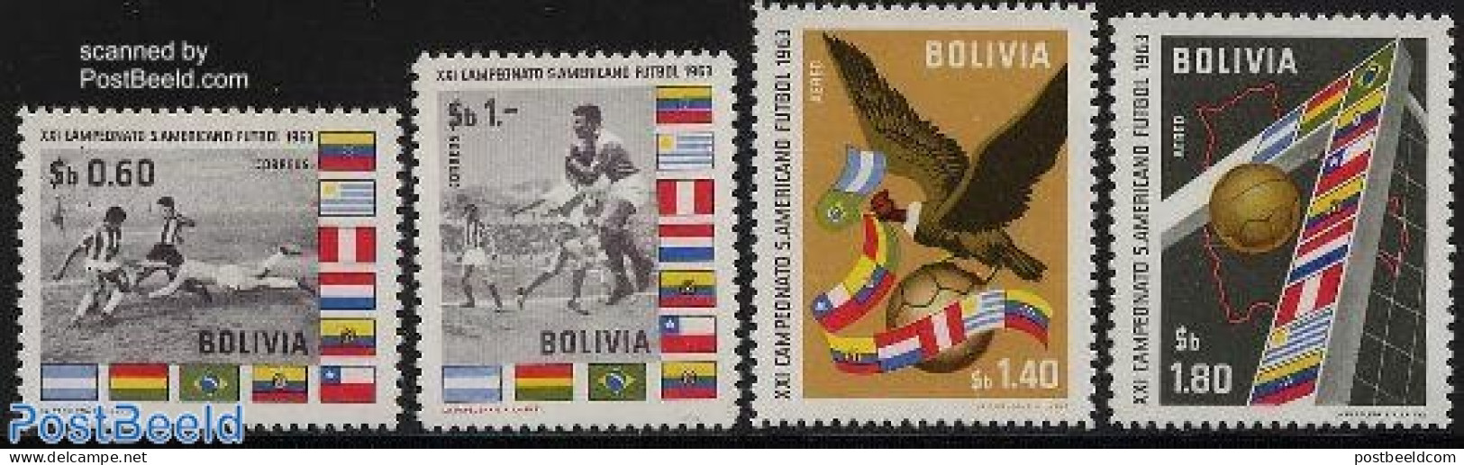 Bolivia 1963 South American Football 4v, Mint NH, History - Nature - Sport - Flags - Birds - Birds Of Prey - Football - Bolivie