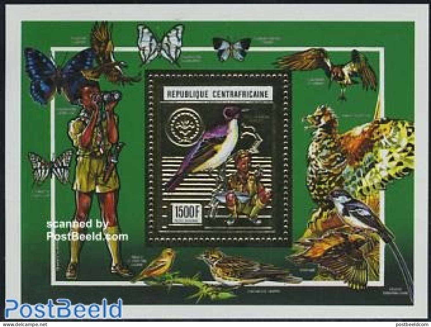 Central Africa 1990 Scouting, Bird S/s, Gold, Mint NH, Nature - Sport - Birds - Butterflies - Scouting - República Centroafricana