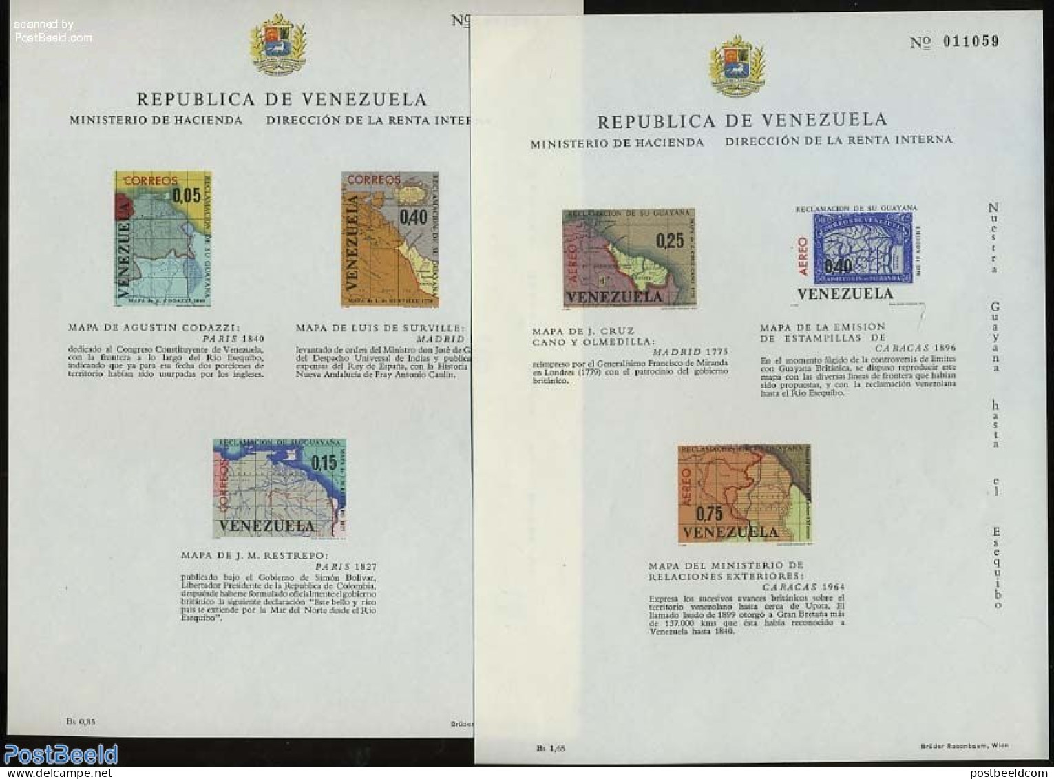 Venezuela 1965 Maps 2 S/s, Mint NH, Various - Stamps On Stamps - Maps - Postzegels Op Postzegels