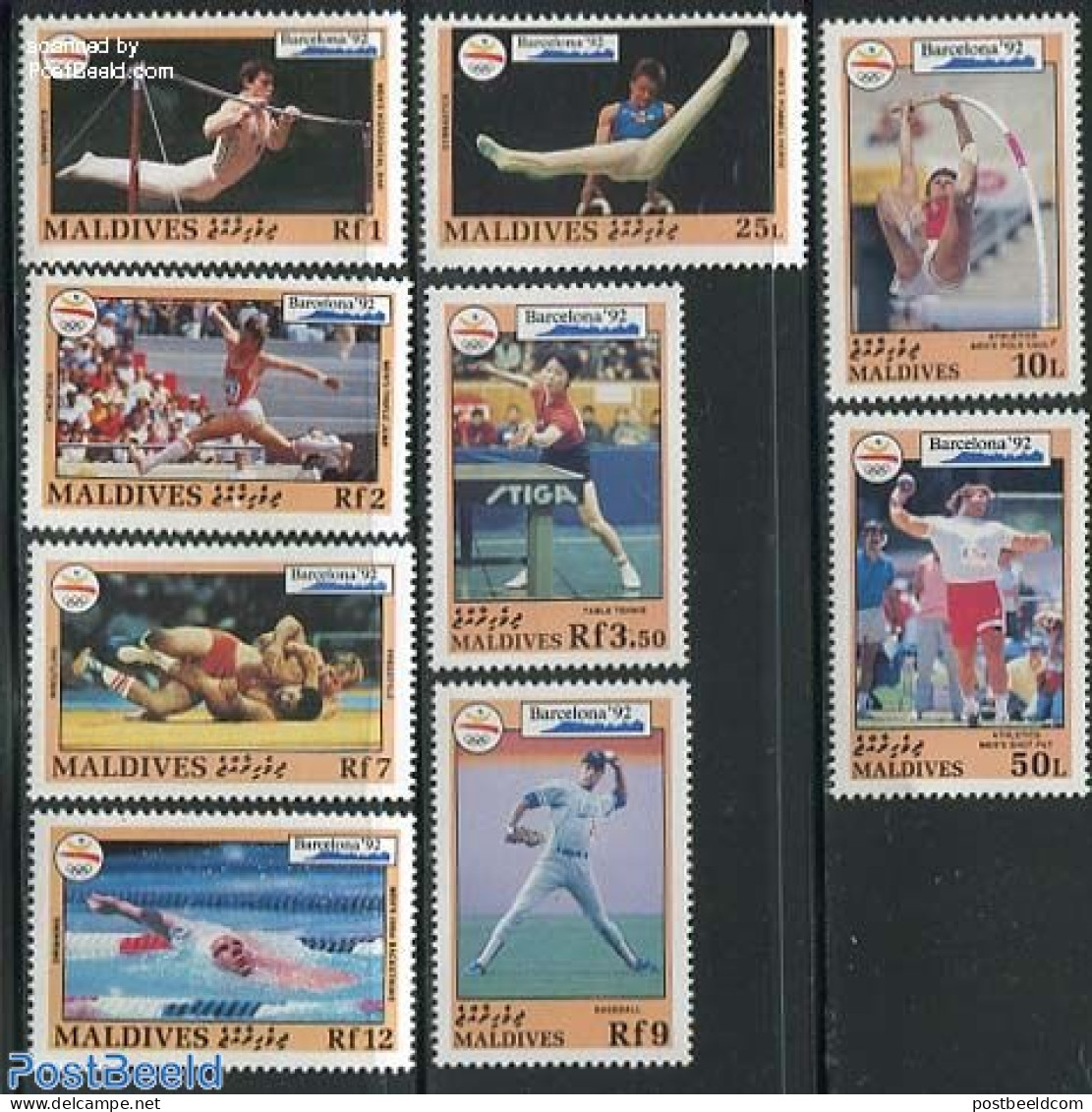 Maldives 1992 Olympic Games 9v, Mint NH, Sport - Athletics - Baseball - Gymnastics - Olympic Games - Swimming - Table .. - Atletiek