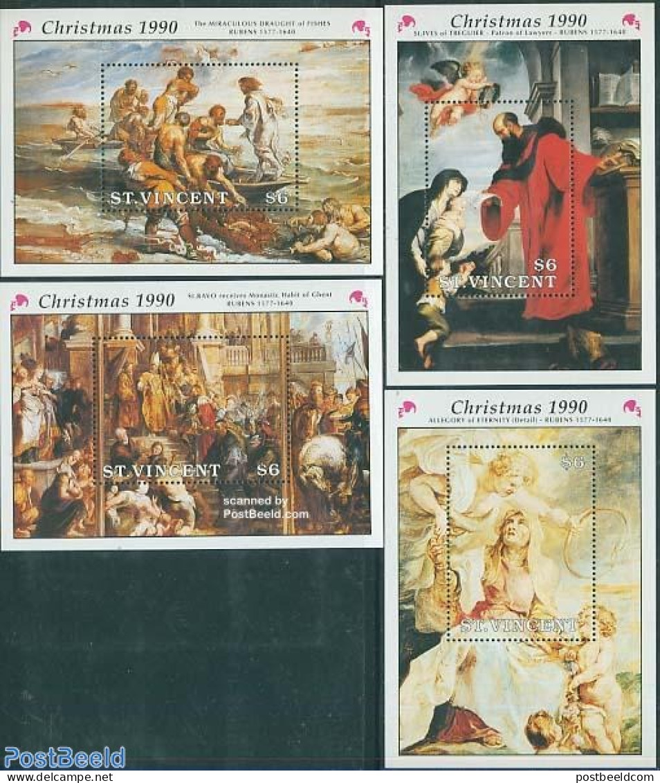 Saint Vincent 1990 Christmas 4 S/s, Rubens Paintings, Mint NH, Religion - Christmas - Art - Paintings - Rubens - Weihnachten