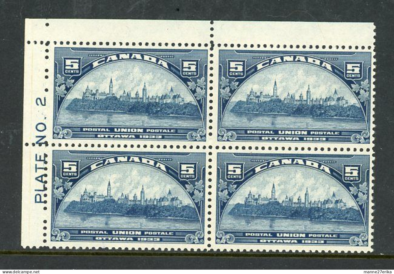 Canada 1933 MNH Plate Block "Parliament Buildings" - Neufs