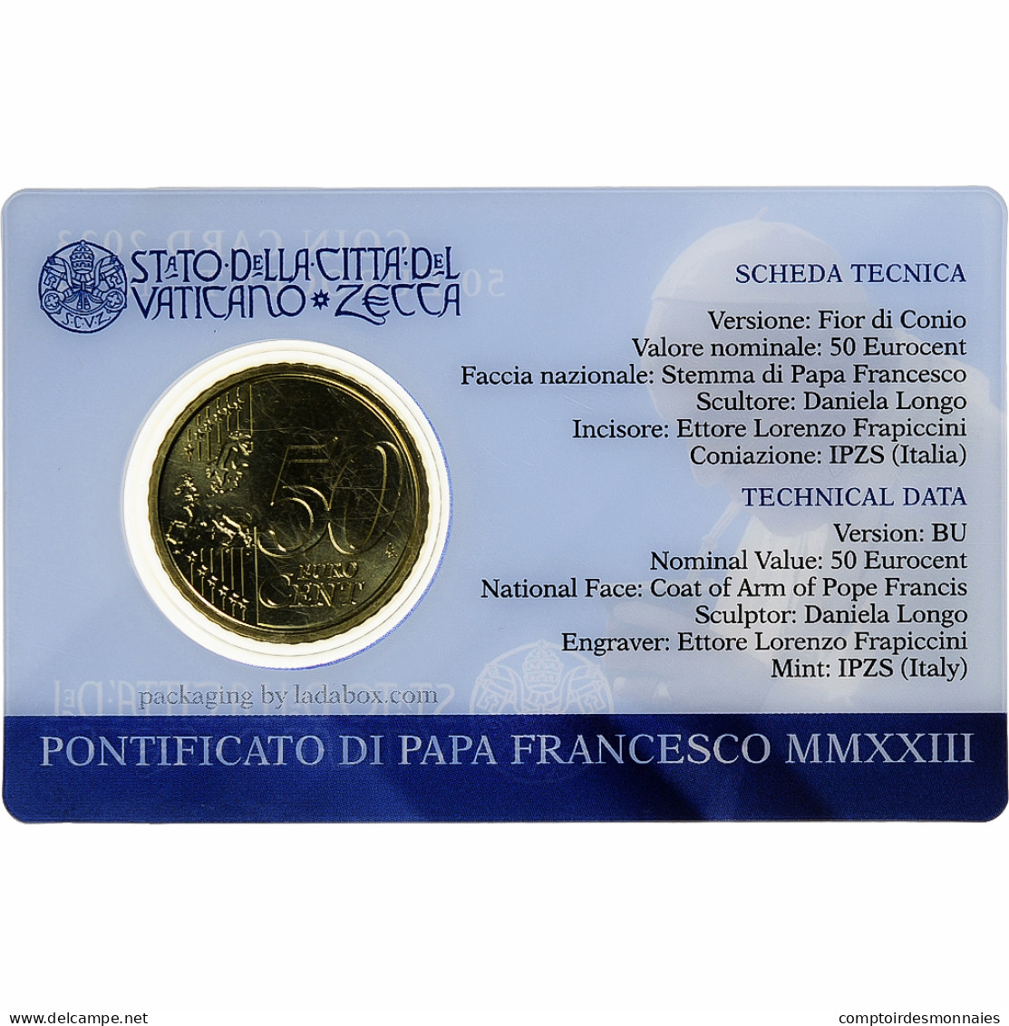 Vatican, 50 Euro Cent, Pape François, Coin Card.FDC, 2023, Rome, Or Nordique - Vatikan