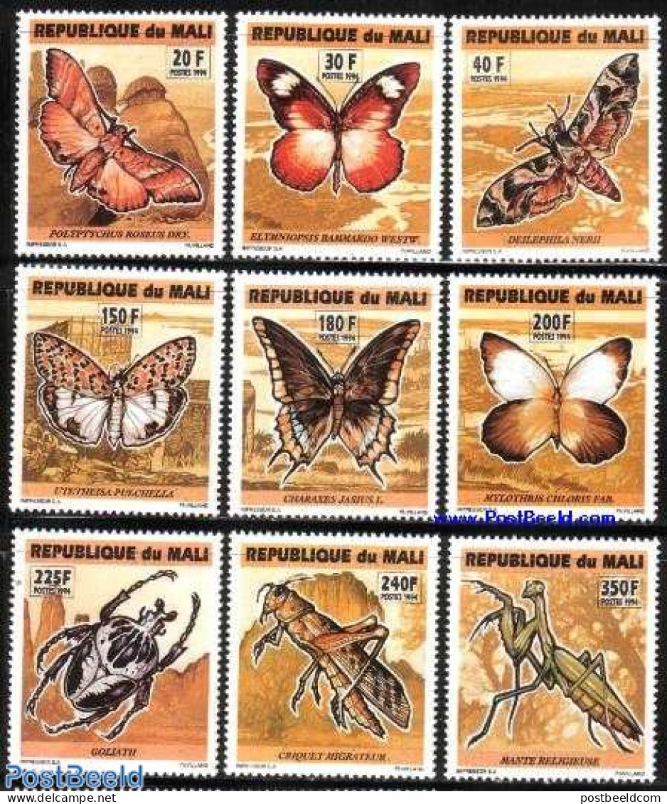 Mali 1994 Insects 9v, Mint NH, Nature - Butterflies - Insects - Malí (1959-...)