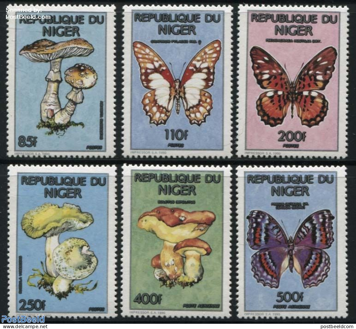Niger 1991 Mushrooms And Butterflies 6v, Mint NH, Nature - Butterflies - Mushrooms - Pilze