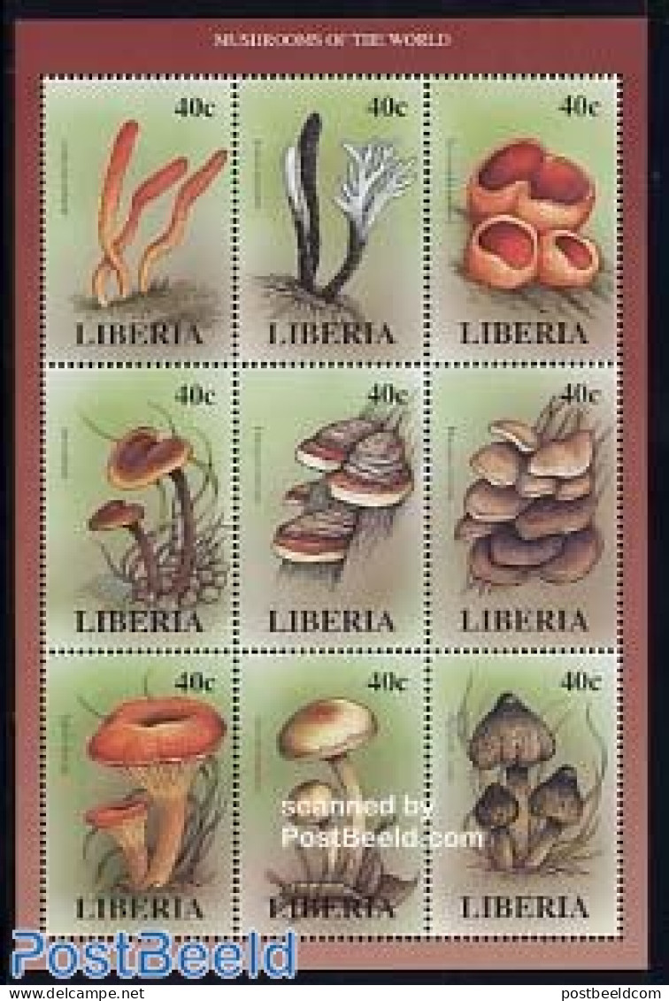 Liberia 1998 Mushrooms 9v M/s, Cordyceps Militaris, Mint NH, Nature - Mushrooms - Funghi