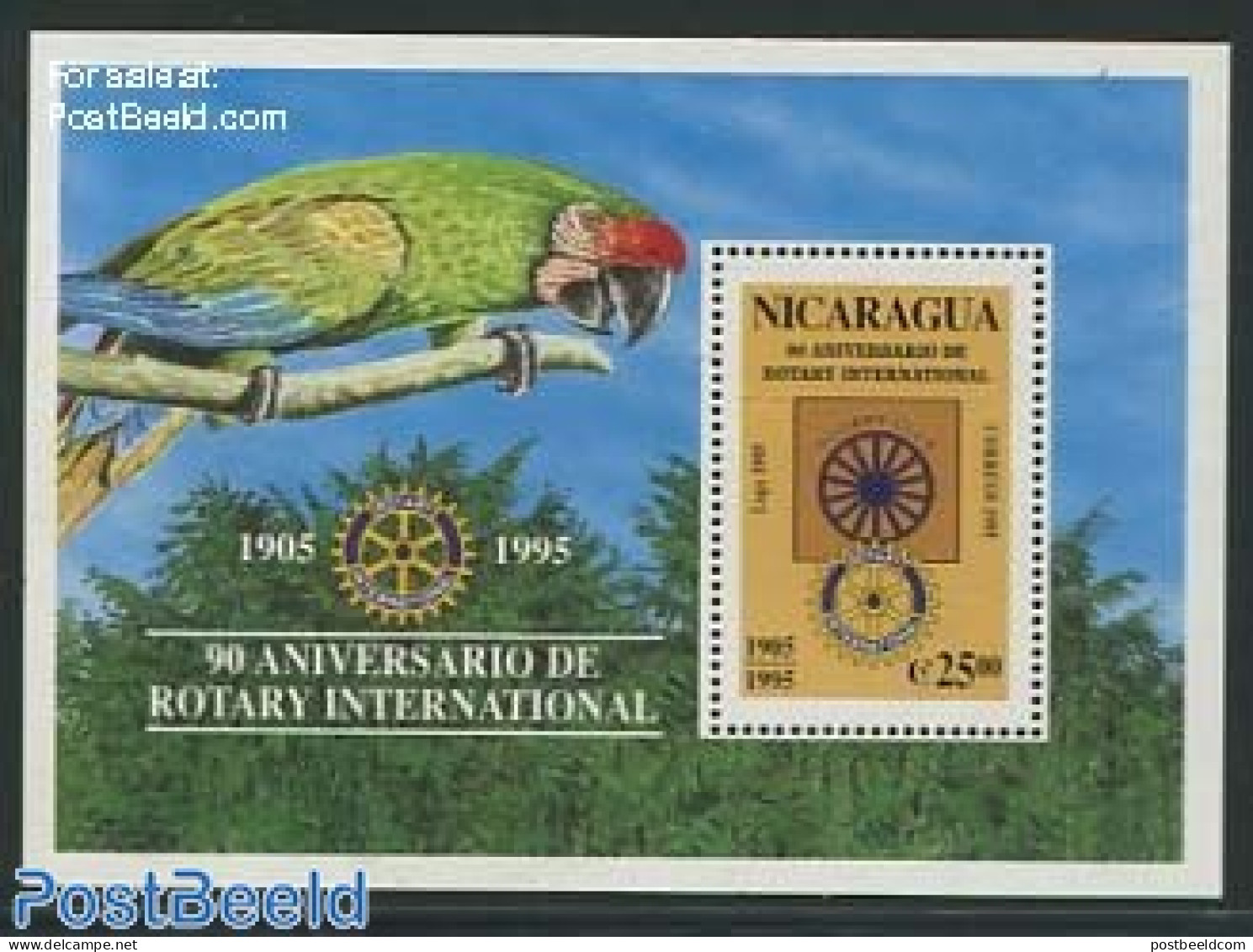 Nicaragua 1995 90 Years Rotary S/s, Mint NH, Nature - Various - Birds - Parrots - Rotary - Rotary Club