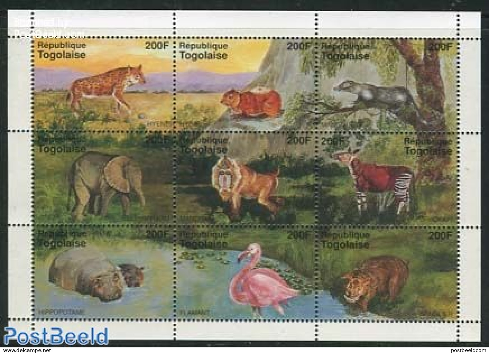 Togo 1995 African Animals 9v M/s, Mint NH, Nature - Animals (others & Mixed) - Birds - Cat Family - Elephants - Hippop.. - Togo (1960-...)