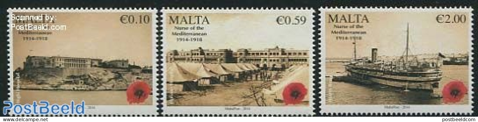 Malta 2014 World War I 3v, Mint NH, History - Nature - Transport - Flowers & Plants - Ships And Boats - World War I - Schiffe