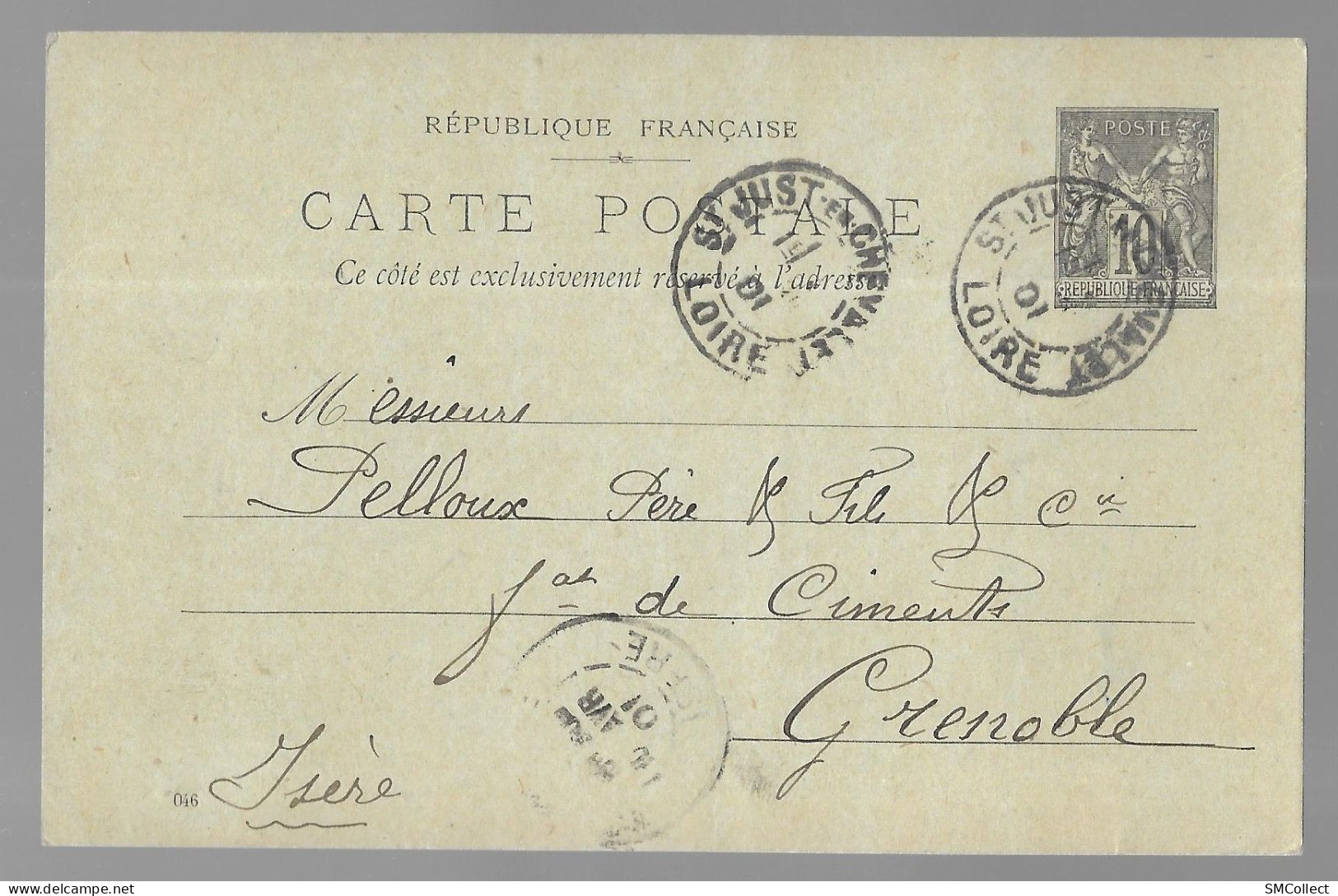 Entier Postal, Sage 10 Centimes Noir Voyagé En Avril 1901, De Saint Just En Chevalet Vers Grenoble (13562) - Standaardpostkaarten En TSC (Voor 1995)