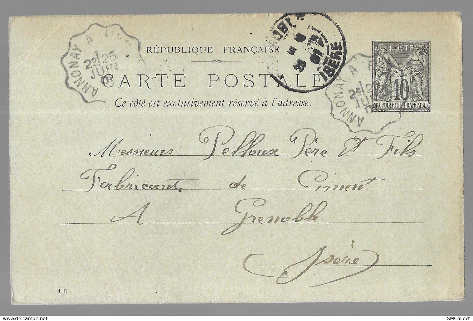 Entier Postal, Sage 10 Centimes Noir Voyagé En Juin 1901, De Firminy Vers Grenoble (13561) - Postales Tipos Y (antes De 1995)