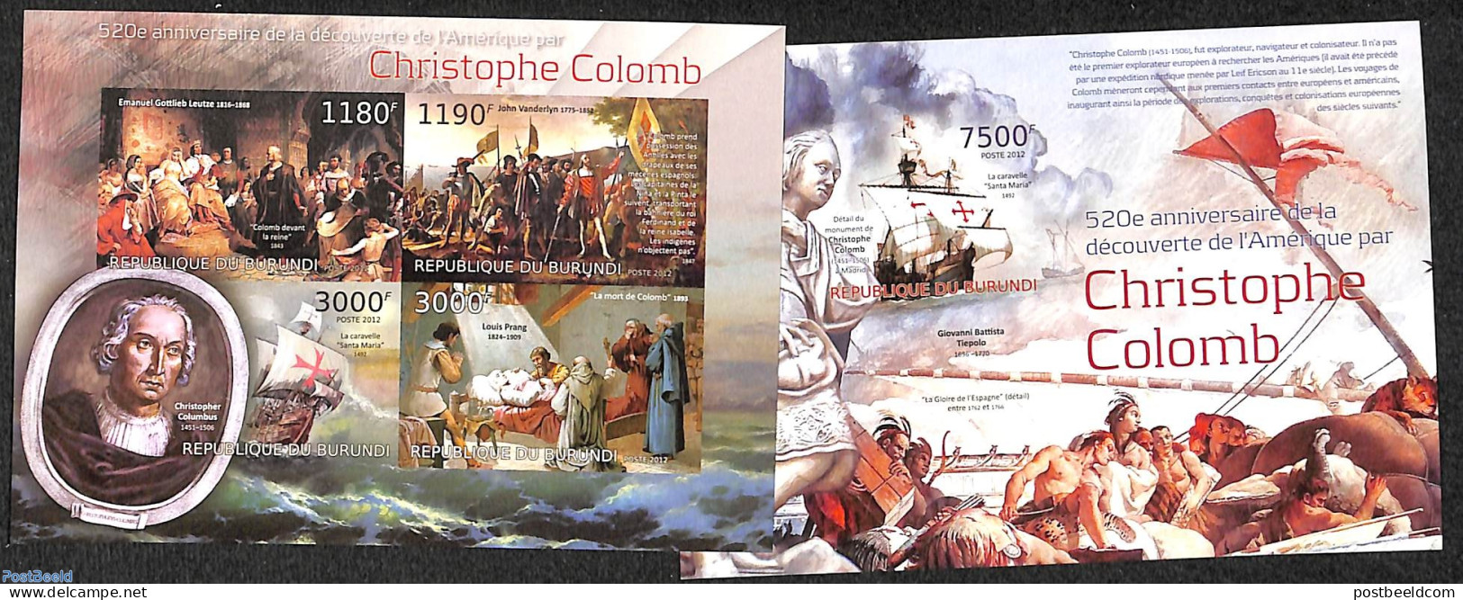 Burundi 2012 Columbus 2 S/s, Imperforated, Mint NH, History - Transport - Explorers - Ships And Boats - Explorers