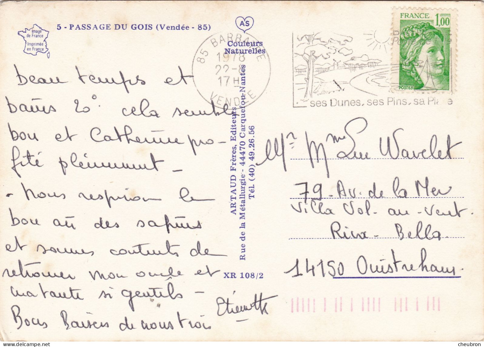 85. ÎLE DE NOIRMOUTIER. CPSM. PASSAGE DU GOIS . VOITURES A LA BALISE REFUGE. DS CITROËN.... . ANNÉE 1978 + TEXTE - Ile De Noirmoutier