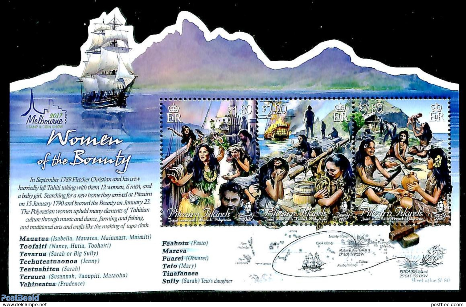 Pitcairn Islands 2017 Women Of The Bounty, Melbourne Overprint S/s, Mint NH, History - Transport - Women - Ships And B.. - Ohne Zuordnung