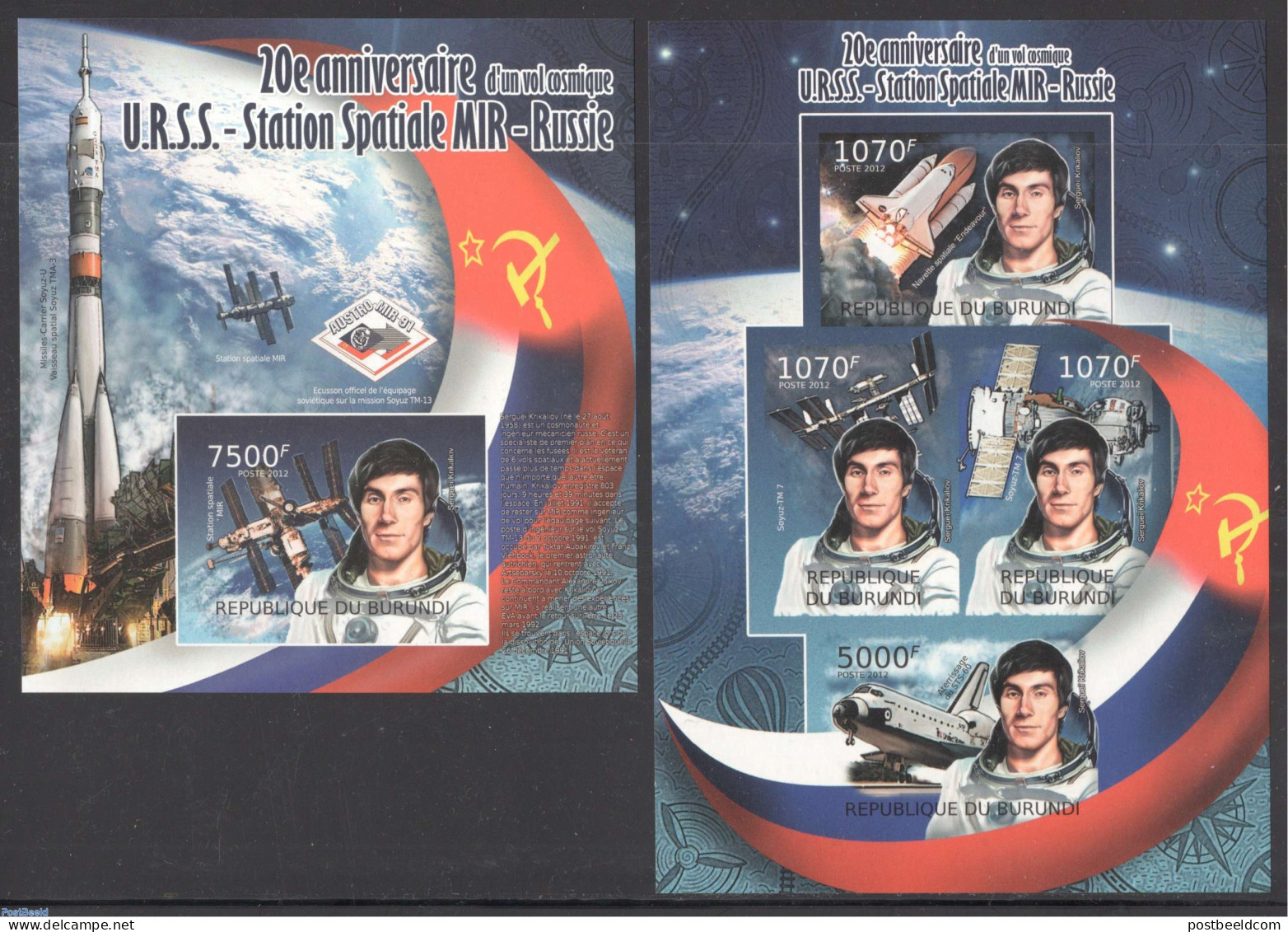 Burundi 2012 Russian Space Flights 2 S/s, Imperforated, Mint NH, Transport - Space Exploration - Otros & Sin Clasificación