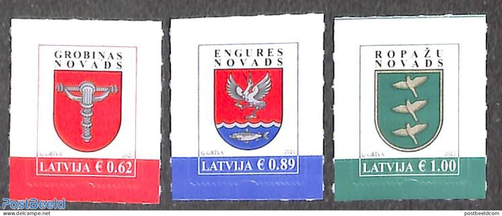 Latvia 2021 Coat Of Arms 3v S-a, Mint NH, History - Nature - Coat Of Arms - Birds - Fish - Fishes