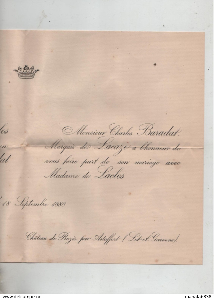 Faire Part Mariage De Laclos Baradat Marquis De Lacaze 1888 Paris Château De Rozès De Leschaux Chilly Le Vignoble Lons L - Unclassified