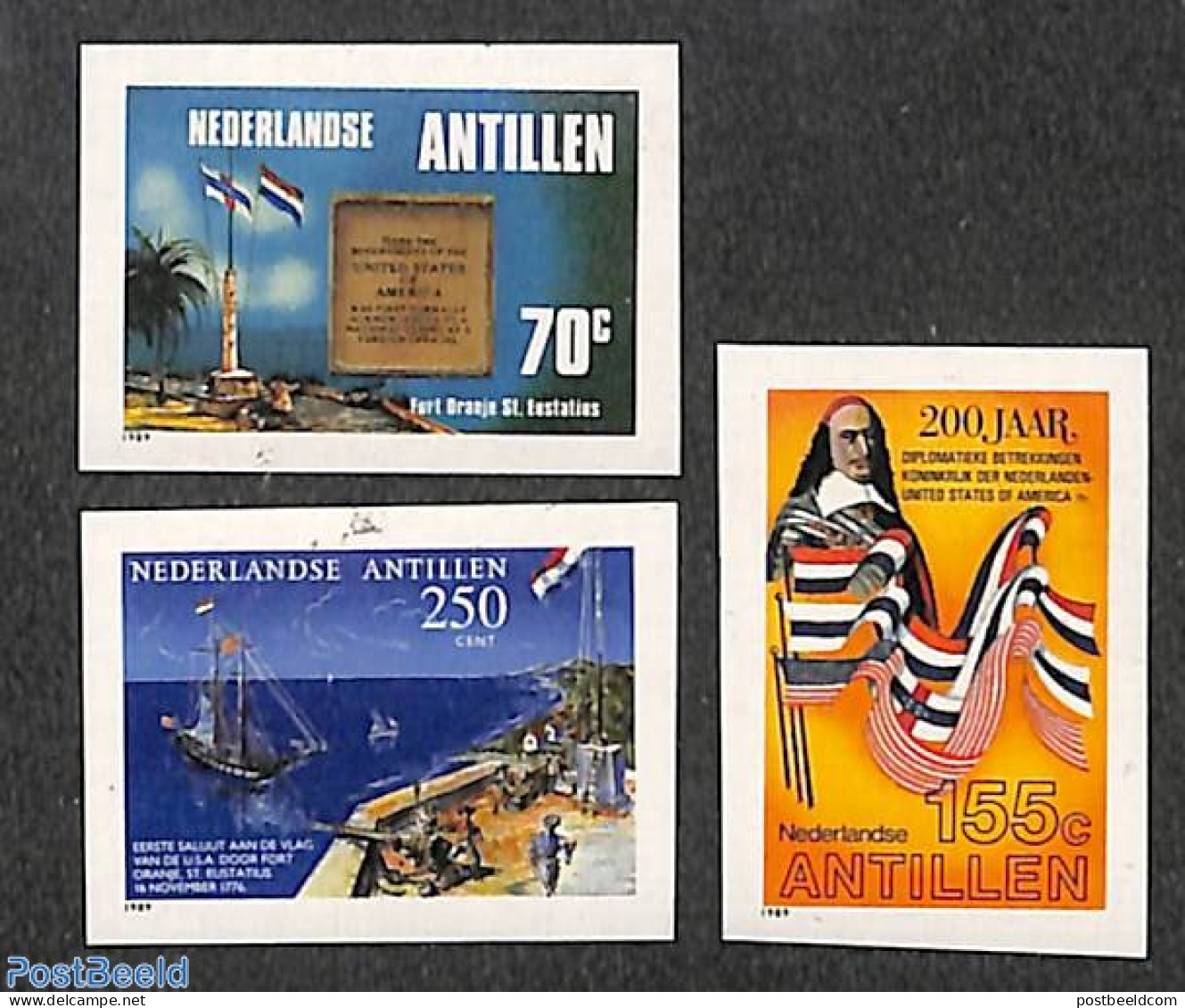Netherlands Antilles 1989 Stamp Exposition 3v, Imperforated, Mint NH, History - Transport - US Bicentenary - Ships And.. - Barcos