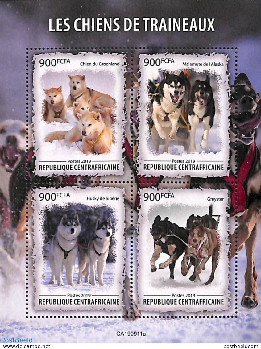 Central Africa 2019 Sledge Dogs 4v M/s, Mint NH, Nature - Dogs - Centraal-Afrikaanse Republiek